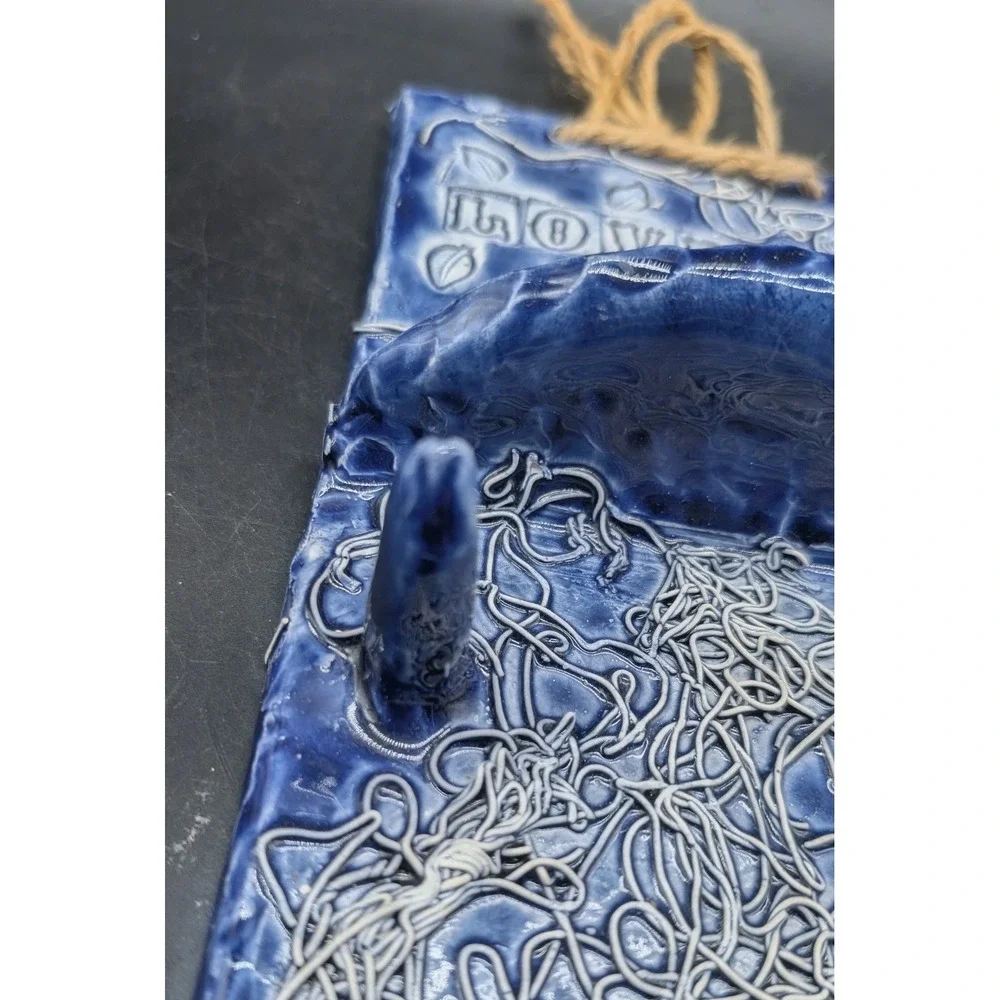 Handmade Studio Pottery Love Wall Hanging Cobalt Blue Ceramic Shelf with Pegs 8